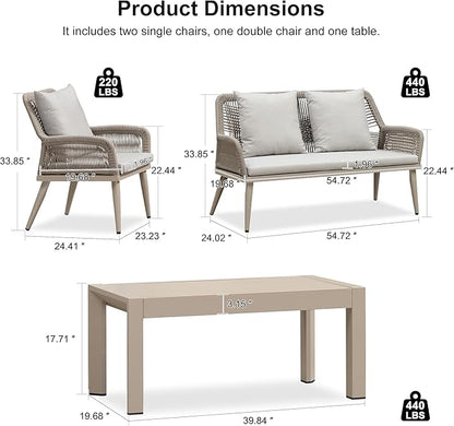 PURPLE LEAF 4-Piece Patio Conversation Set – Wicker Outdoor Furniture with Aluminum Table, 3 Rattan Chairs for 4 People, Thick Sofa Cushions, Ideal for Garden, Backyard, Lawn, or Poolside, Champagne