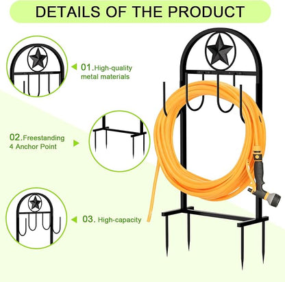 Garden Hose Holder - Upgraded Sturdy Hose Pentagram Holder, Freestanding Heavy-Duty Hose Reel, Sturdy Water Hose Holder and Hose Storage for Outside, Lawns and Yards,Black