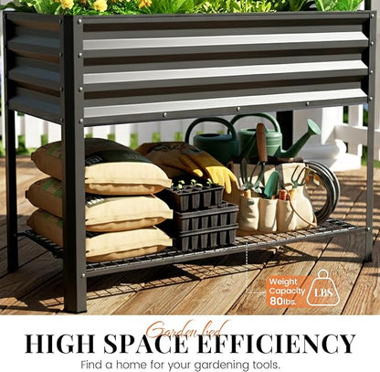 KING BIRD Large Raised Garden Bed with Legs & Storage Shelf Galvanized Elevated Planter Box for Backyard, Patio, Balcony, 400lb Capacity, Dark Grey 48×24×31.5 in