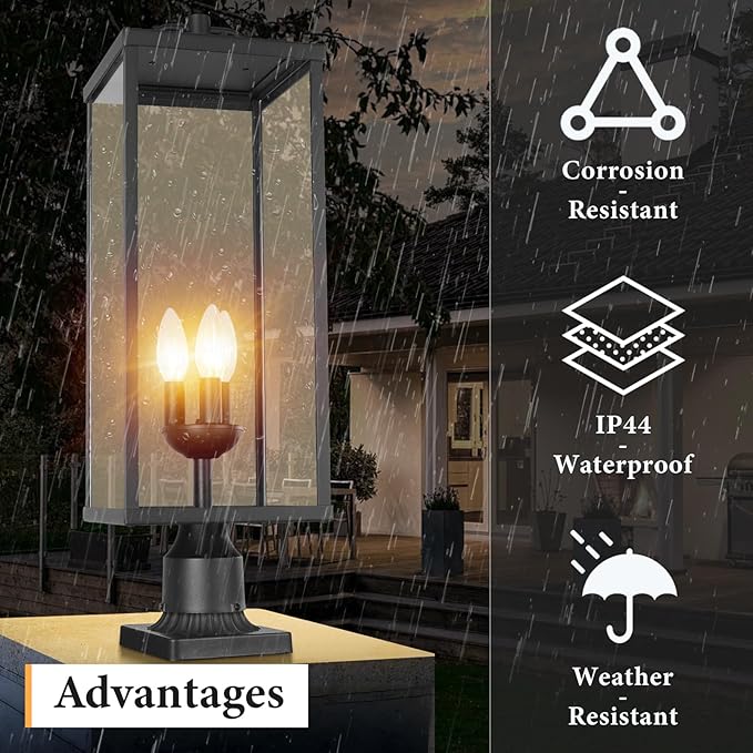 Outdoor Post Light Fixture, Modern Exterior Square Pillar Lantern with Black Finish & Clear Glass, Transitional Pier Mount Lamp, Pole Light for Garden, Backyard, Patio, Pathway, RZ008L-P