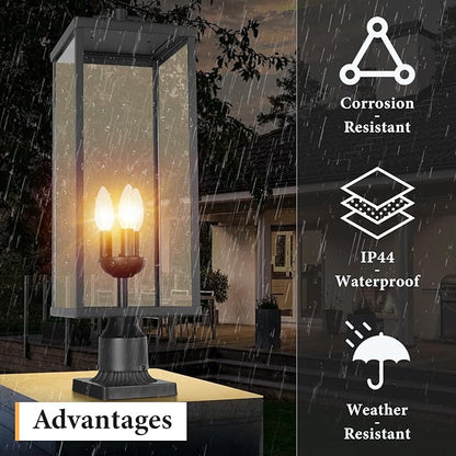Outdoor Post Light Fixture, Modern Exterior Square Pillar Lantern with Black Finish & Clear Glass, Transitional Pier Mount Lamp, Pole Light for Garden, Backyard, Patio, Pathway, RZ008L-P