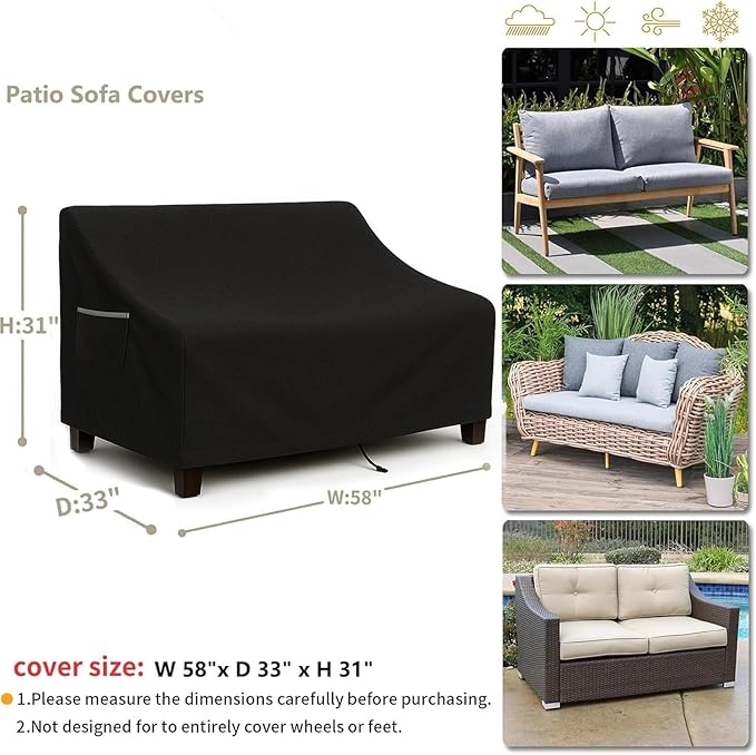 Outdoor Sofa Cover, Waterproof Patio Furniture Cover 58.3W x 32.7D x 31H inches Heavy Duty 600D Oxford Fabric Black