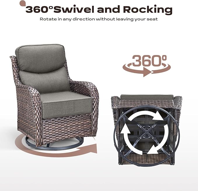 Rilyson 4 Piece Outdoor Patio Swivel Rocker Chairs, Waterproof Wicker, High Back, Deep Seating, Wide Armrest, Upgraded 6 inch Thick Cushions, Ideal for Deck Porch Backyard, Brown/Grey