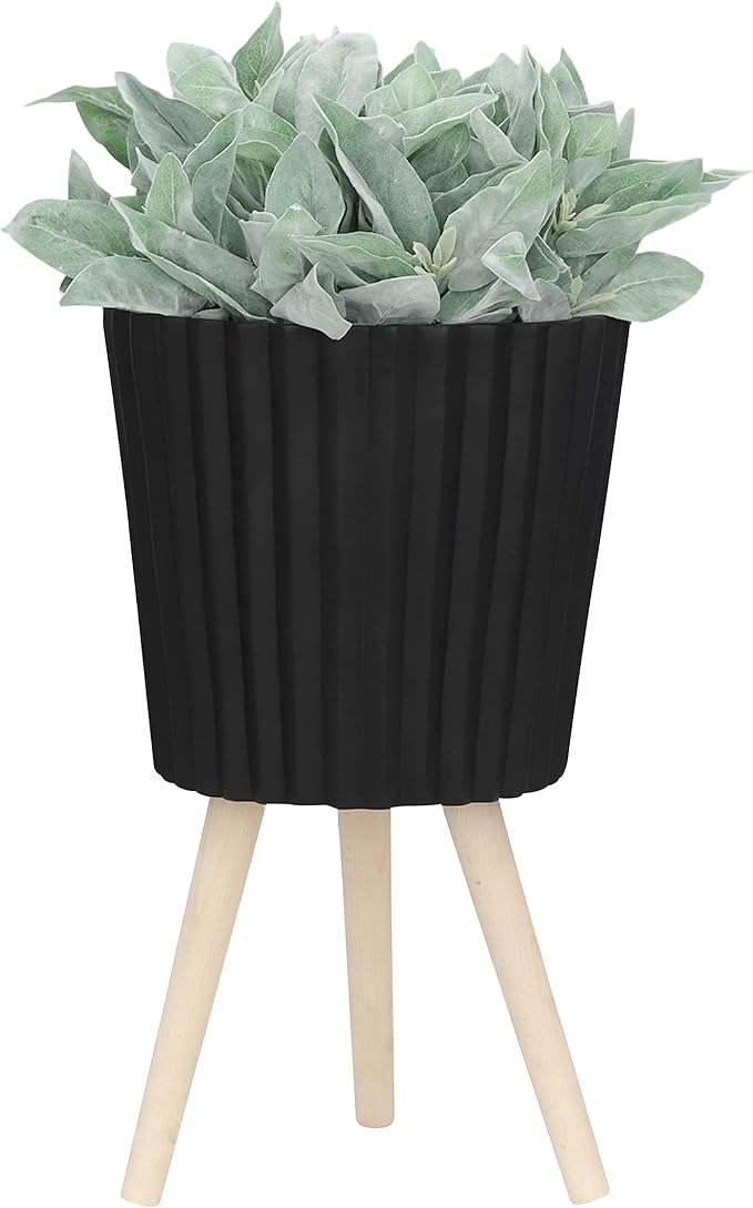 Sagebrook Home Set of 2 Planters with Stands - Modern Resin & Magnesia Pots with Wood Legs - Decorative Indoor & Outdoor Plant Containers for Home & Garden - 12" & 10", Black