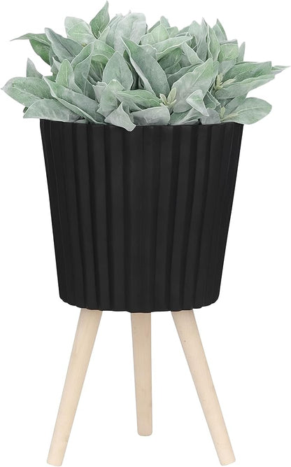 Sagebrook Home Set of 2 Planters with Stands - Modern Resin & Magnesia Pots with Wood Legs - Decorative Indoor & Outdoor Plant Containers for Home & Garden - 12" & 10", Black