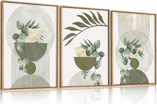 FWIEXA Sage Green Plant Canvas Wall Art Set 3, Abstract Geometric Line Botanical Framed Prints, Beige Minimalist Boho Leaf Paintings,16x24In Mid Century Modern Artwork for Living Room,Bedroom,Office