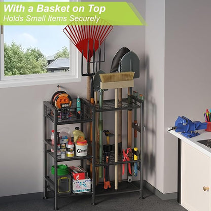 keomaisyto Garden Tool Organizer With Basket - 3 Tier Yard Storage Rack for Garage Organization, Heavy Duty Holder With 35 Long-Handled Slots for Shed, Yard, Garage