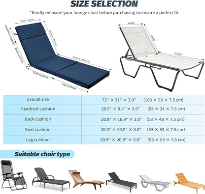 Outdoor Chaise Lounge Cushion 72" x 21" x 3", 4-Section Folding Patio Lounge Chair Cushion with Ties, Waterproof & Fade Resistant Replacement Cushion for Pool, Patio, Deck (Blue, 1 Pcs)