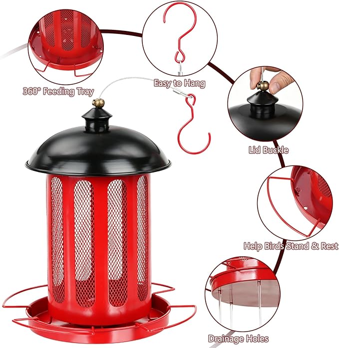Bird Feeder, Large Capacity Bird Feeders for Outdoor Hanging, Heavy Duty Metal Wild Birdfeeder for Outside Garden Yard Decor, Retro Lantern Shape (Red)