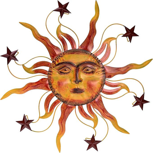 VESTCDF Metal Wall Art Decor Outdoor 30 inch Sun Wall Hanging Decoration for Graden 3D Sun Face Metal Wall for Living Room Garden Yard Patio(Star)