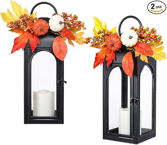 Thanksgiving Outdoor Decorations Lantern 2Pack, Fall Decorations for Home Waterproof 16" Battery Powered Decorative Lanterns Metal Hanging LED Candle Holder, Flameless Candle Lantern for Indoor