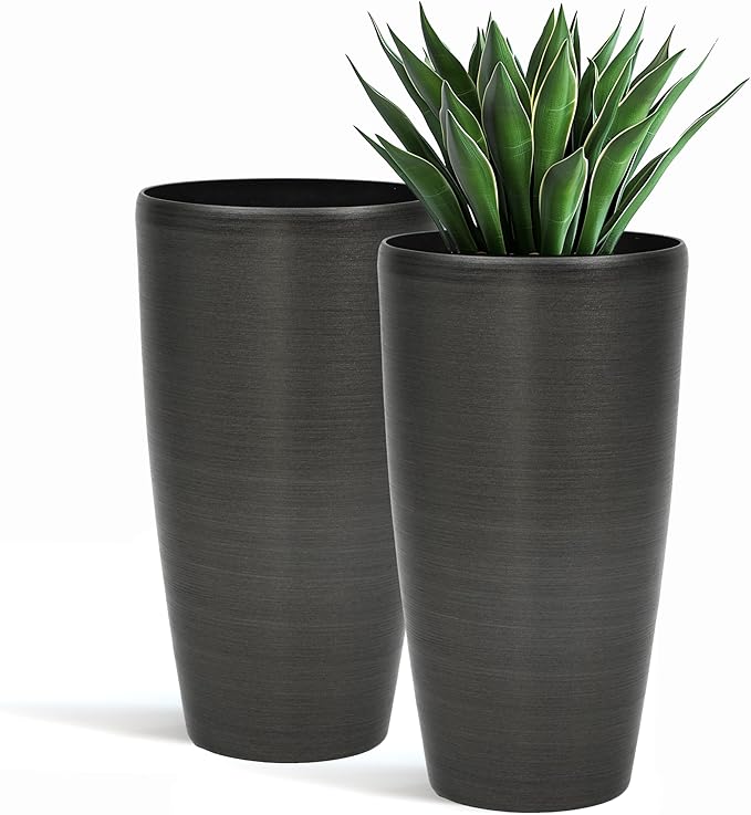 22.8" Large Planters Pot Set of 2 Flower Pots Tall Pots for Plants with Modern Handmade Brushed Metal Finish, Weather-Resistant for Indoor, Outdoor, Deck and Porch, Black