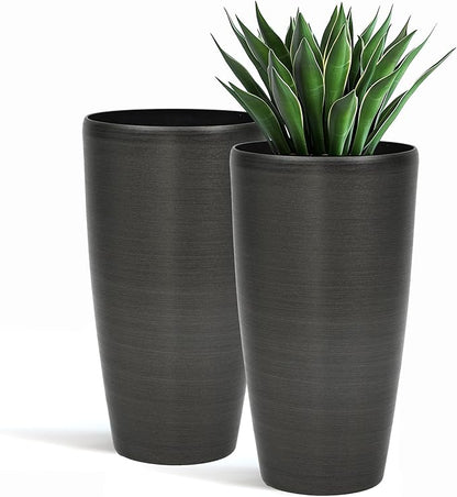 22.8" Large Planters Pot Set of 2 Flower Pots Tall Pots for Plants with Modern Handmade Brushed Metal Finish, Weather-Resistant for Indoor, Outdoor, Deck and Porch, Black