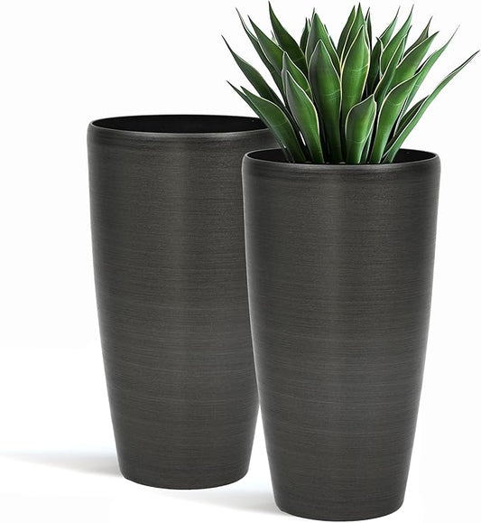 22.8" Large Planters Pot Set of 2 Flower Pots Tall Pots for Plants with Modern Handmade Brushed Metal Finish, Weather-Resistant for Indoor, Outdoor, Deck and Porch, Black