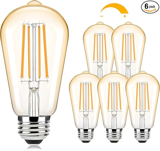 Brightever Warm Light Bulbs 60 Watt Equivalent, 2200K Amber Light Vintage Dimmable LED Edison Bulb, 850LM, 90+CRI, 7W ST58 E26 Bulb, Clear Glass Antique Decorative Lightbulbs for Room, 6-Pack