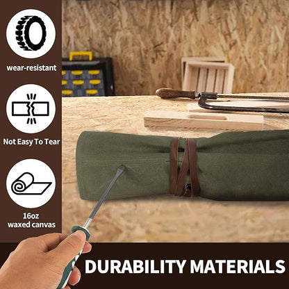 Chisel Roll,Small Tool Roll Pouch,Tool Roll Bag Organizer, Heavy Duty Waxed Canvas Tool Bag, Multi-Purpose Roll-Up Storage Bag for Hand Tools Holder with 6 Pockets Wrench Roll Up Pouch
