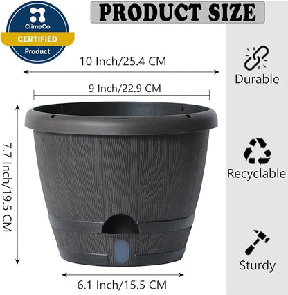 Sun-E 10 Inch Self Watering Planters 3-Pack - Rustic Whiskey Barrel Flower Pots with Water Level Indicator & Drainage, Farmhouse Decor for Indoor Outdoor Plants (Dark Brown Wood Grain)
