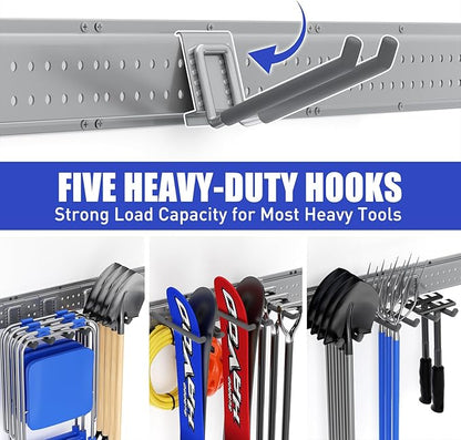 Garage Tool Organizer Wall Mount 49.5 inches with 10 Adjustable Heavy-Duty Hooks, Garage Organization, Garden Tool Storage Rack, Yard, and Shed, Holds Up to 400 lbs (Grey)