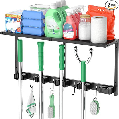 CCCEI Broom and Mop Wall Mount with Shelf, Laundry Room Cleaning Tools Organization Hanging Rack with Hooks, Bathroom, Garage, Garden Organizers and Storage. All Metal, Black, 2 Pack.