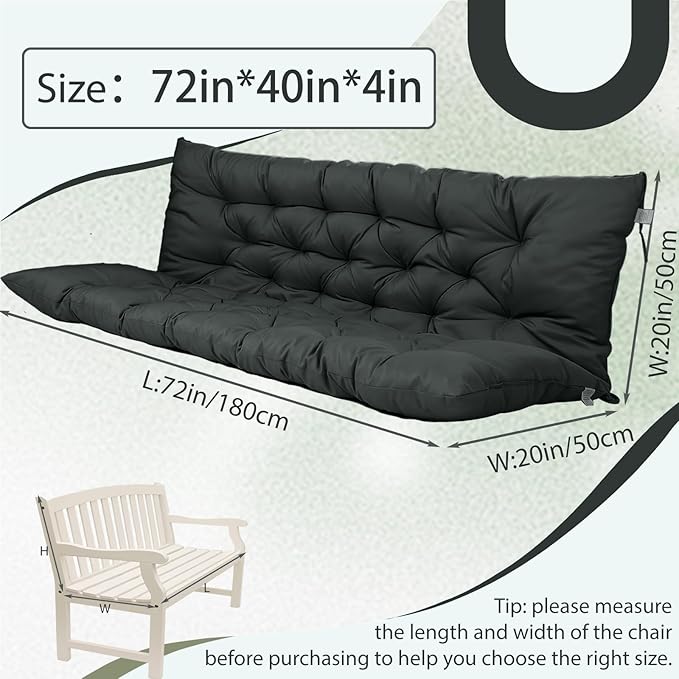 2/3 Seater Swing Replacement Cushion, Waterproof Porch Swing Cushions with Backrest, Thickened Bench Cushions for Outdoor Furniture, for Outdoor Patio Swing (Dark Grey, 71 * 40in)