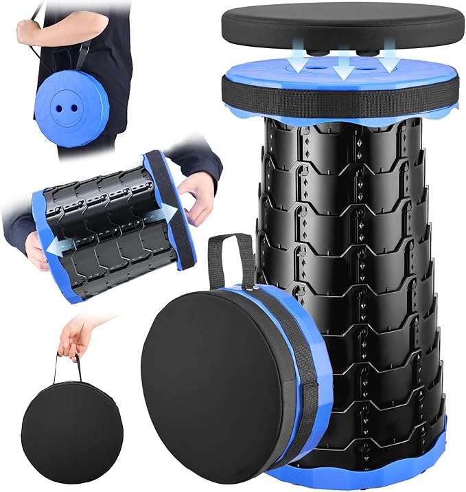 2026 Upgraded Collapsible Stool with Cushion, Portable Folding Stool for Adults Heavy Duty, Camping Stools for Outdoor Camping Travel Hiking Fishing, Adujstable Folding Chair Footrest，Blue