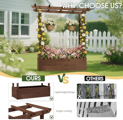 VINGLI Raised Garden Bed with Trellis & Hanging Roof, Wooden Garden Bed, Outdoor Planter Box for Yard, Garden, Balcony (Carbonized Wood Color, Medium)