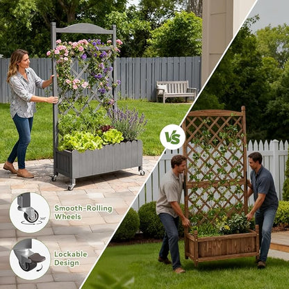COMHOMA Raised Garden Bed with Trellis and Wheels,48Inch Elevated Planter Box with Drainage Holes,Lattice Privacy Screen for Climbing Plants Vegetables,Outdoor for Patio Balcony Yard,Gray