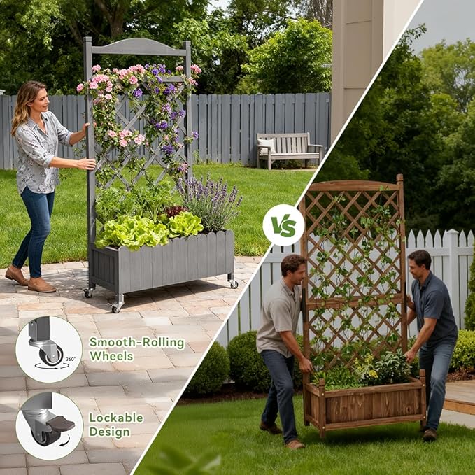 COMHOMA 2 Pack Raised Garden Bed with Trellis and Wheels,48Inch Elevated Planter Box with Drainage Holes,Lattice Privacy Screen for Climbing Plants Vegetables,Outdoor for Patio Balcony Yard,Gray