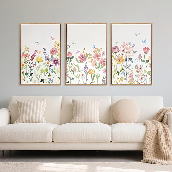 CHDITB Colorful Floral Framed Wall Art, Watercolor Flowers Wall Decor, Butterfly Flower Pictures Minimalist Wildflower Painting, Modern Home Art Prints for Girls Bedroom Living Room Office 24"x36"x3
