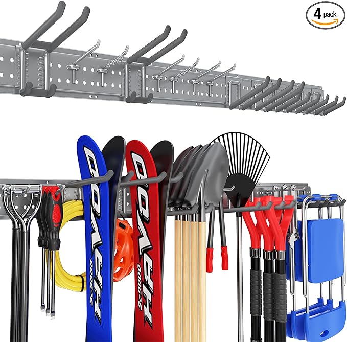 Garage Tool Organizer Wall Mount 66 inches with 13 Adjustable Heavy-Duty Hooks, Garage Organization, Garden Tool Storage Rack, Yard, and Shed, Holds Up to 520 lbs (Grey)