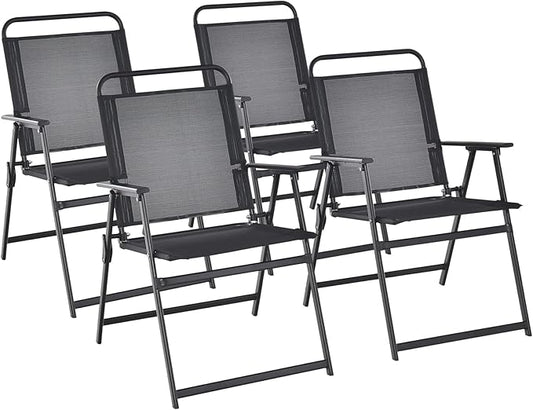 Tangkula Outdoor Folding Chairs Set of 4, Patio Dining Chairs with Breathable Seat & Cozy Armrests, Heavy-Duty Metal Frame, Portable Lawn Chairs for Backyard, Porch, Camping (4, Black)