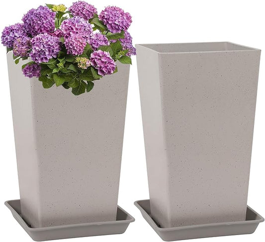 Set of 2 Tall Planter, 21 inch Large Plastic Planter with Drain Hole & Saucers, Large Outdoor Planters for Porch, Garden, Patio, Balcony(Gray Dot)
