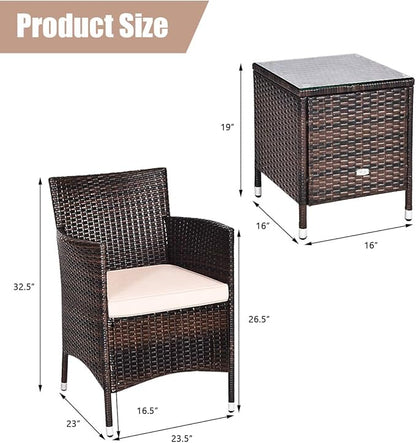 COSTWAY 3 PCS Patio Furniture Set, Outdoor Wicker Conversation Set with Tempered Glass Coffee Table, Seat Cushions, Rattan Wicker Chairs for Poolside Balcony Porch Backyard, Beige