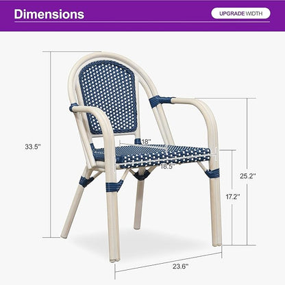 PURPLE LEAF French Bistro Chairs Set of 2 Aluminum Wicker Rattan Hand-Woven Armchairs Outdoor Dining Chairs for Patio Kitchen Garden White Print Finish Deep Blue
