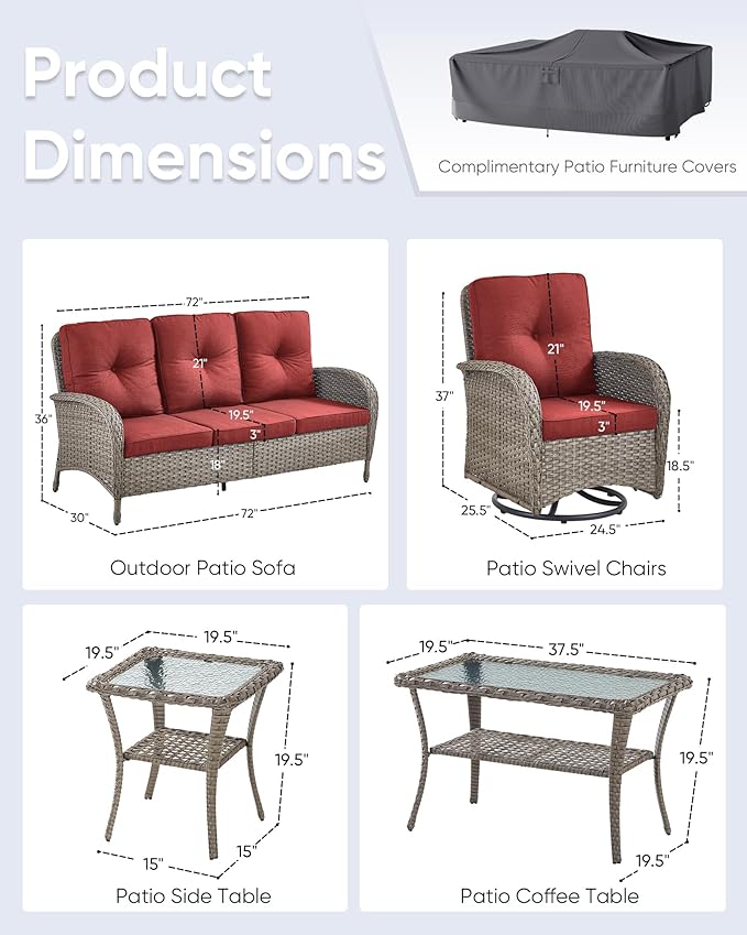5 Pieces Wicker Patio Furniture Set-Outdoor Swivel Rocker Patio Chairs Patio Sofa Set with Tempered Glass Top Outdoor Coffee Table for Deck Lawn Porch Balcony Poolside-Grey/Red