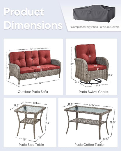 5 Pieces Wicker Patio Furniture Set-Outdoor Swivel Rocker Patio Chairs Patio Sofa Set with Tempered Glass Top Outdoor Coffee Table for Deck Lawn Porch Balcony Poolside-Grey/Red