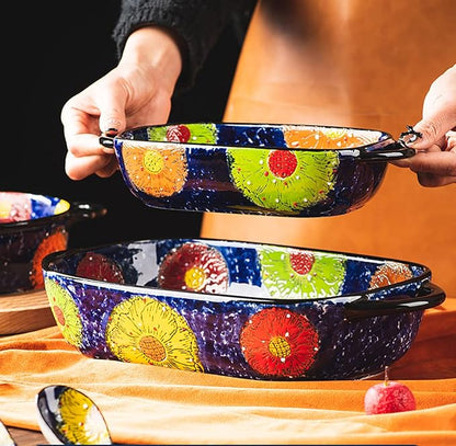 Vintage Style Pottery Bakeware Colorful Daisy Pattern Ceramic Casserole Dish Baking Pan Lasagna Pans Baking Dish with Handles from Oven to Table Plate-1 PCS, 60 OZ