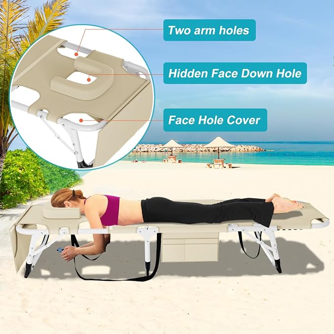 ABORON 3-in-1 Tanning Chair, 5-Position with Face and Arm Holes | 5-position reclining chair includes a removable mat, pillow, face hole and arm slots; folds flat for beach or patio use.