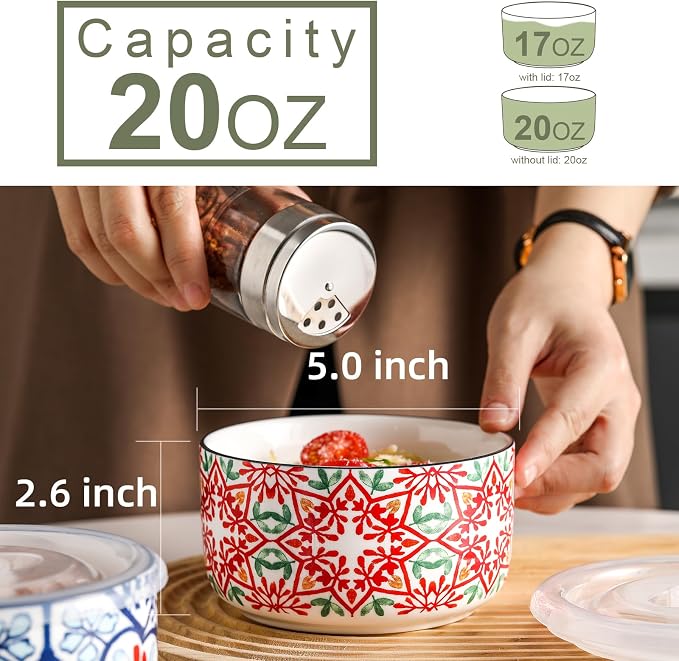 Ceramic Bowl with Lid, Microwave Safe, Set of 4 | Food Storage Containers for Soup, Meal Prep, Cereal, Salad Leftovers - Picnic, Camping, Office Lunch - 20 oz, A-Pattern