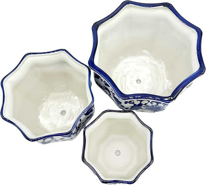 Galt International Blue & White Round Fluted Floral Porcelain Ceramic Plant Flower Planter Pot Set of 3 (7.5", 10", 13") Garden Pots Chinese Asian Design