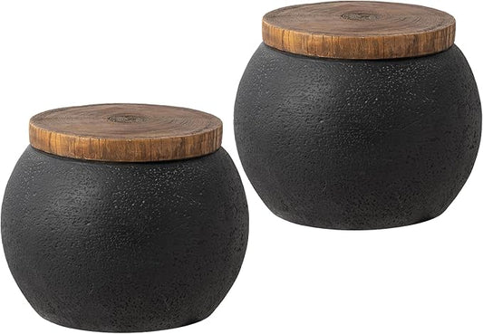 SUNBURY Outdoor Indoor Side Table, 14" W Outdoor End Tables for Patio, Accent Side Table Set of 2, Decorative Garden Stool Wooden-Look Top for Livingroom, Garden, Backyard