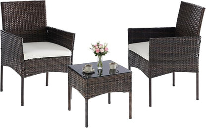 NEWBULIG 3-Piece Patio Furniture Set, Weather-Resistant Outdoor Wicker Furniture with Washable Cushion & Tempered Glass Tabletop, Durable Outdoor Seating for Balcony, Porch, Deck Brown
