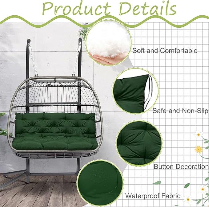 Swing Replacement Cushions with Backrest, 2 or 3 Seater Waterproof Non-Slip Overstuffed Swing Pad, Indoor/Outdoor Bench Cushion for Porch Chair Swings Garden Furniture (Dark green, 40 * 71 in)
