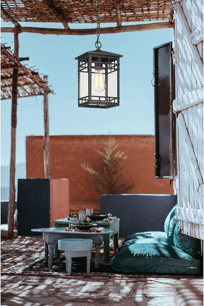 Treekee Outdoor Pendant Lighting, Hanging Lantern with Adjustable Chain, Exterior Hanging Porch Light in Black Finish with Seeded Glass, Outside Pendant Lamp for Front , Entry, Patio, Gazebo