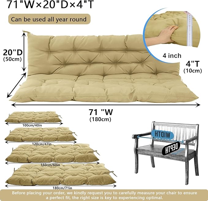 Outdoor Swing Cushions 3 Seater Waterproof, Replacement Bench Cushions for Outdoor Patio Furniture with Backrest, Porch Swing Cushion with Ties for Lawn and Garden (Beige, 40x71in)