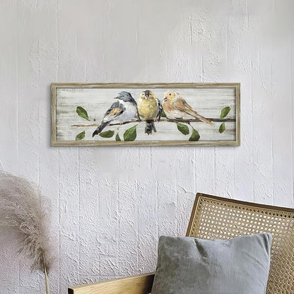 Rustic Bird Wooden Wall Art: Vintage Chickadee Framed Prints Abstract Cute Sparrow Picture Country Chubby Chickadee Painting Artwork Decor for Living Room Bedroom Farmhouse
