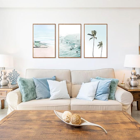 CHDITB Coastal Beach Framed Canvas Wall Art Set of 3, Ocean Surfing Wall Decor, Tropical Palm Tree Artwork, Nautical Poster, Modern Waves Surfing Painting for Living Room, Bedroom, Office 16"x24"