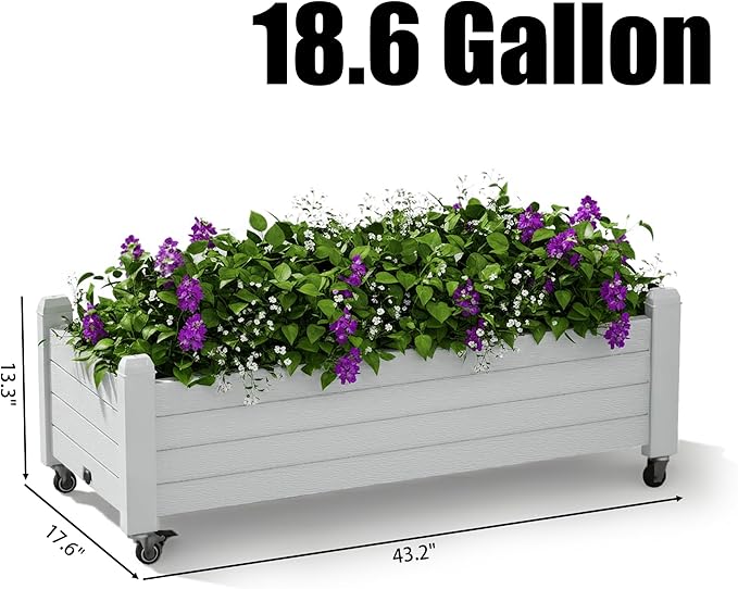 Raised Garden Bed with Wheels Outdoor, Resin Planter Box with Drain Hole and Water Level Detector for Backyard, Patio, Balcony(White)