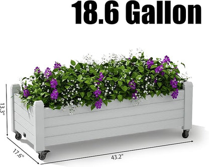 Raised Garden Bed with Wheels Outdoor, Resin Planter Box with Drain Hole and Water Level Detector for Backyard, Patio, Balcony(White)