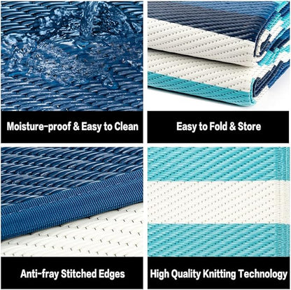 HUGEAR Outdoor Waterproof Rug 8'x10' Plastic Straw Rugs Washable Reversible Floor Mat Blue Stripe Carpet for Camping RV Deck Entryance Porch Picnic Balcony Beach Backyard